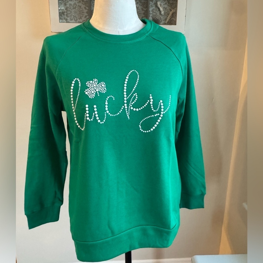 NWT Lucky Shamrock St. Paddy’s Soft Embellished Crewneck Sweatshirt Green Large